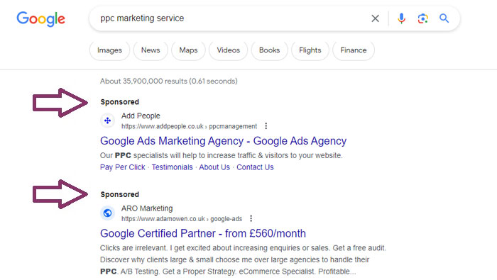 Sponsored listings in Google's search results
